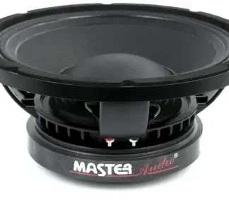 Närbild av en svart högtalare med en stor kon och märkning från Master Audio.