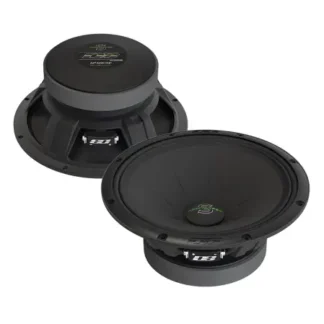 Två svarta subwoofers med robust design och kraftfull prestanda för att återge djup bas.
