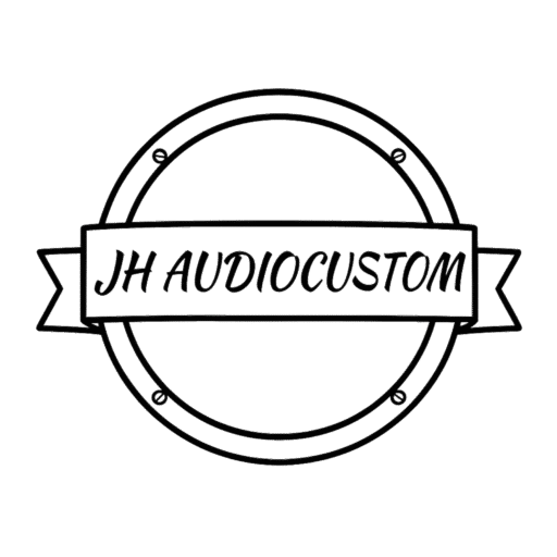 A circular logo featuring the text "JH AUDIOCUSTOM" within a banner, designed in a simple and modern style.
